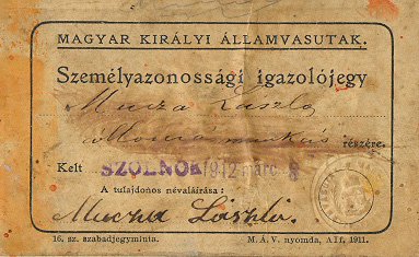 Mucza László vasúti igazolványa, 1912